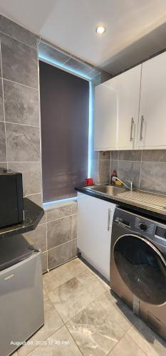 a kitchen with a sink and a washing machine at Lovely Commodious, Private Charming Studio, En Suite in Hillsborough
