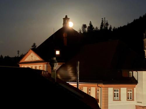 a building with a clock tower on top of it at Domview Apartment in St. Blasien