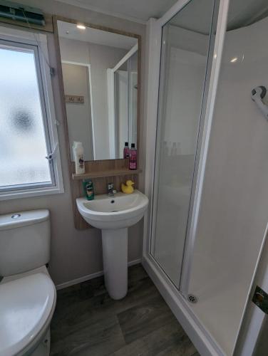 a bathroom with a toilet and a sink and a shower at Modern Spacious Willerby Malton Caravan at Durdle Door Holiday Park, Close to Iconic Durdle Door & Lulworth Cove in West Lulworth