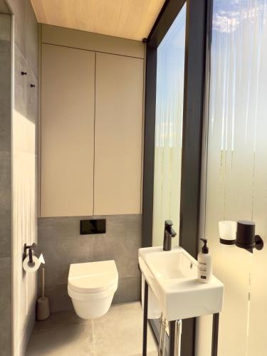 a bathroom with a white toilet and a sink at Nest Retreat Iceland in Hella