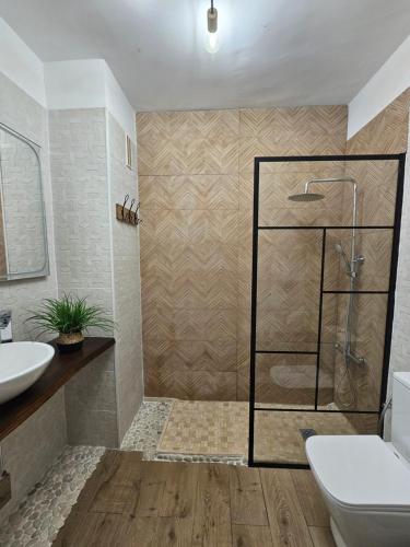 a bathroom with a shower and a toilet and a sink at the green holes in San Miguel de Abona