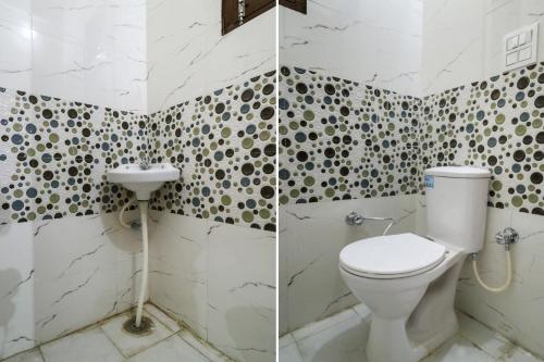 two pictures of a bathroom with a toilet and a sink at Hotel O kalra in Zirakpur