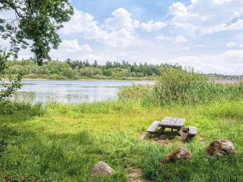 a picnic table in the grass next to a lake at 4 person holiday home in Hampen in Hampen
