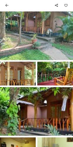 a collage of four pictures of a building with a bench at Rawana private cottage in Udawalawe