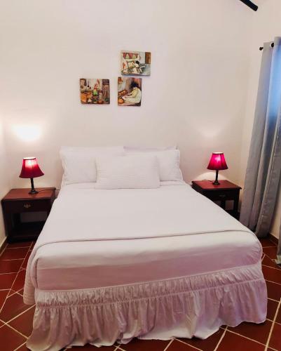 a bedroom with a large white bed with two lamps at La Posada de Jose Antonio in Villa de Leyva