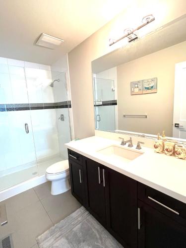 a bathroom with a sink and a toilet and a mirror at European-American Style Suite in Coquitlam