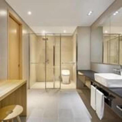 a bathroom with a shower and two sinks and a toilet at Hotel Haus in Gapyeong