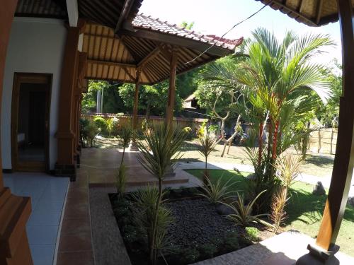 a porch of a house with palm trees in it at Biorock Homestay & Dive Center Pemuteran in Pemuteran