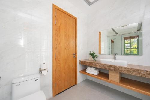 a bathroom with a toilet and a sink and a mirror at La isla Apartments & Villas - Sea View & Fireworks Phu Quoc in Phu Quoc