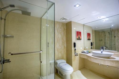 a bathroom with a toilet and a sink and a shower at Bengal Blueberry in Dhaka