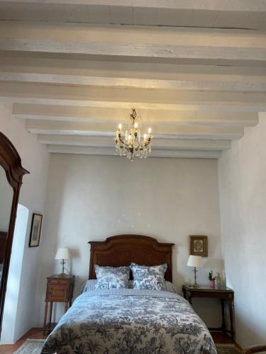 a bedroom with a bed with a chandelier at Domaine du Couvent de Saint Julien in Bonifacio