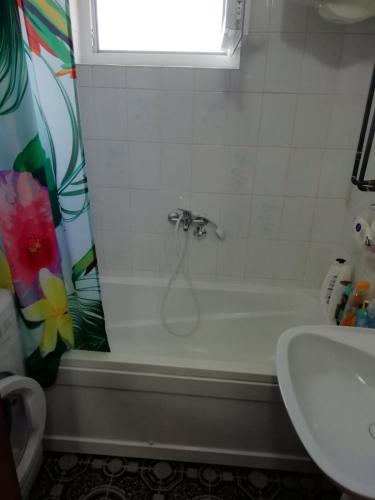 a bathroom with a bath tub with a shower curtain at Vrbas in Vrbas