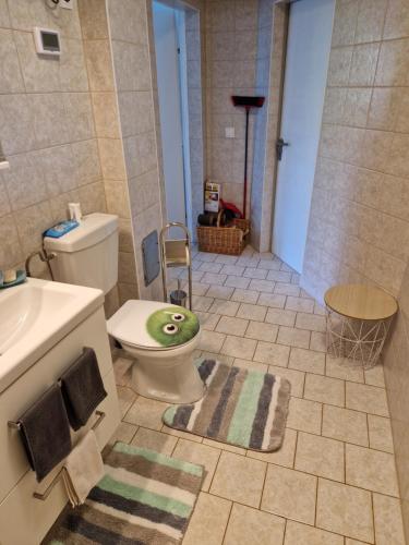 a bathroom with a toilet with a green face on the floor at Ferienwohnung mit Pool an der Apfelstraße in Puch bei Weiz