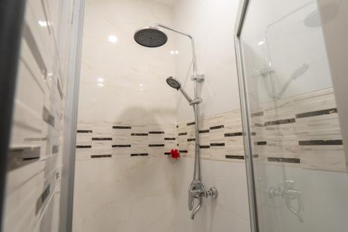 a shower with a glass door in a bathroom at Airport Ace Villas in Nadi