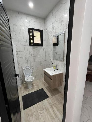 a bathroom with a toilet and a sink and a mirror at DjerbaArkouMidoun in Arkou