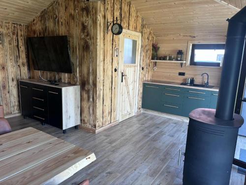 a kitchen with wooden walls and a stove in a room at Pokoje Gościnne Nad Jeziorem in Rajgród