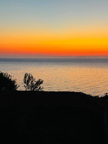 a sunset over the ocean with trees in the foreground at Dennis Seaview in Póros Kefalonias