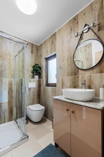 a bathroom with a sink and a shower at Casa de Vis Băișoara -Cab Mircea -Cab Gaby in Băişoara