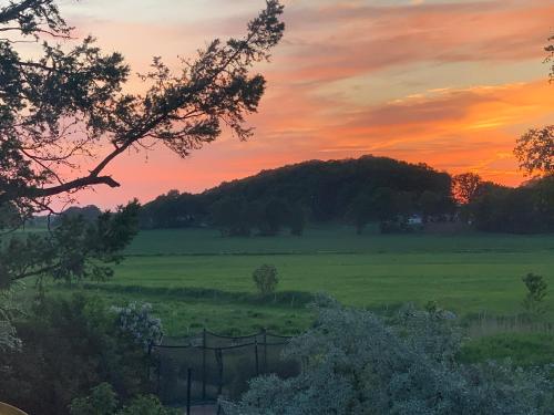 a sunset over a green field with a fence at The Nest bed and garden in Varberg