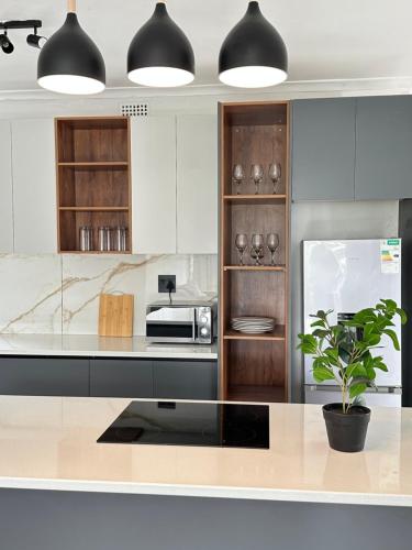 a kitchen with white cabinets and a potted plant at Lux Sleek City Haven in Cape Town