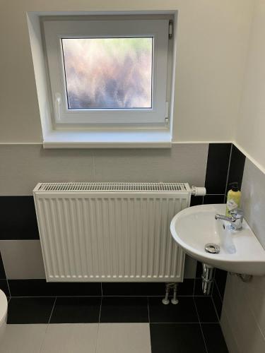 a bathroom with a white sink and a window at Apartmán Nejdek in Nejdek