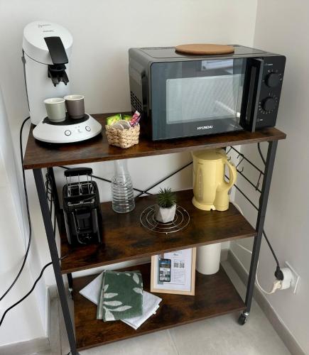 a microwave oven sitting on a shelf next to a counter at Studio Cosy en vallée d'Ossau in Izest
