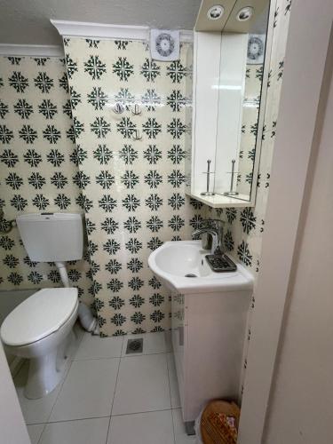 a small bathroom with a toilet and a sink at Seaview Lovely One bedroom holiday apartment in Olympiada