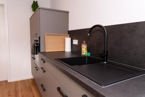 a kitchen with a sink and a counter top at Boutique Studio im Herzen TBBs in Tauberbischofsheim