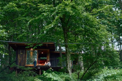 a couple sitting in a tree house in the woods at ist - Aokinodaira Field in Kawakami