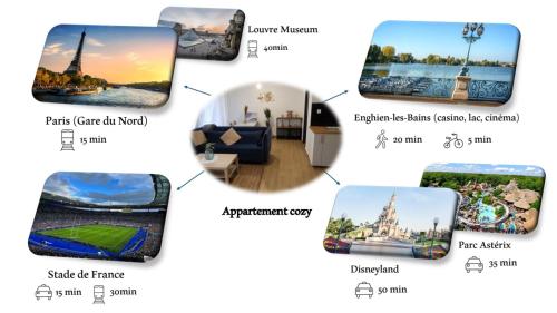 a picture of the sights of paris and the eiffel tower at Coquet appartement à 15mn de Paris et 10 mn de Stade de France, wifi, Netflix, in Groslay