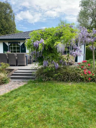a house with a flowering tree in the yard at het Veluws paradijs, nu met extra bij te boeken Hottub in Voorthuizen