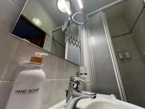 a bathroom with a mirror and a soap bottle on a sink at Near Schönbrunn I 1 Min to U6 Niederhofstraße in Vienna