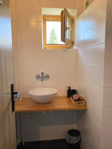 a bathroom with a sink and a window at Hikers Paradise Hostel High Tatras in Železničná Stanica Štrba