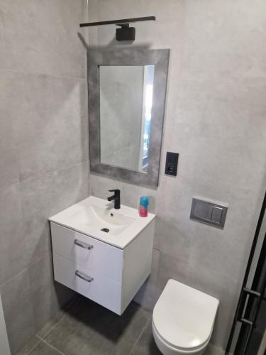 a bathroom with a white sink and a toilet at Apartament dworska Brzezno in Gdańsk