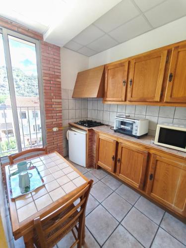 a small kitchen with a table and a microwave at Hôtel LA PERGOLA in Amélie-les-Bains-Palalda