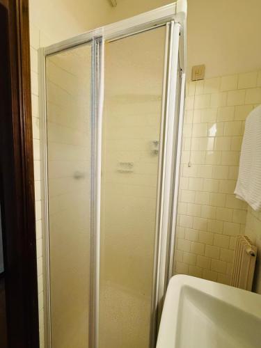 a shower with a glass door in a bathroom at HG Hotel La Caminatha in Val di Zoldo