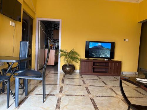 a living room with a flat screen tv on a yellow wall at Deluxe Kingsize Bedroom In Tema in Afienya