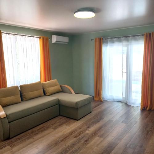 a living room with a couch and two windows at Complex 88 in Berehove