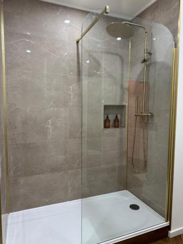 a shower with a glass door in a bathroom at Evasio Suite in Sedan