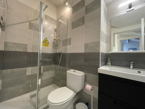 Un baño con inodoro, ducha y lavabo. en T3 Duplex avec Piscine, Tennis, Parking et Terrasse à Soustons - FR-1-379-78, en Soustons