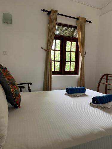 a large white bed with two blue pillows on it at Homestay Garden Rest Kandy in Kandy