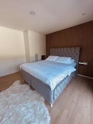 a bedroom with a bed and a rug at SWISS Apartment in Pokoj