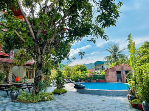 a resort with a swimming pool and a tree at Ninh Binh Kong's Homestay in Nguyên Ngoại