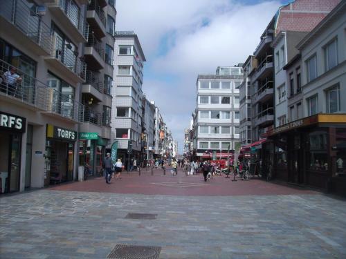 een stadsstraat met mensen die op straat lopen bij Villa Olga in Blankenberge