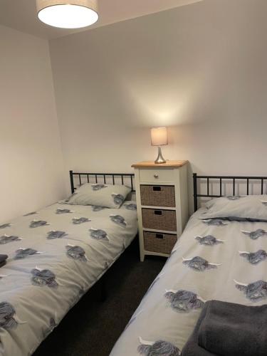 a bedroom with two beds and a lamp on a night stand at 2 bedroom country cottage in the Lake District in Penrith