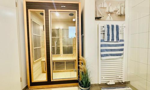 a bathroom with a walk in shower next to a mirror at Nordlicht, Olpenitz - moderne Ferienwohnung in direkter Strandnähe mit eigenem Eingang, Sauna, Kaminofen, Terrasse und Parkplatz in Olpenitz