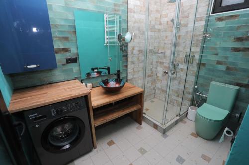 a bathroom with a washing machine and a shower at SaguleResort in Monasteri
