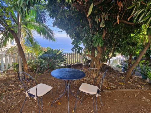a blue table and chairs with the ocean in the background at Kaz Arvor in Saint-Leu