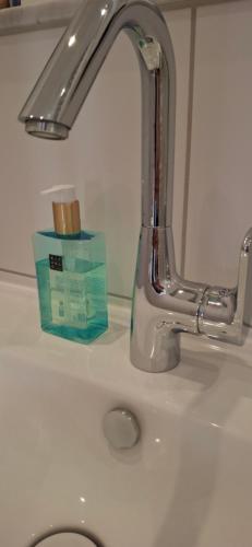 a sink with a faucet and a box of toothpaste at City-Appartement Pirna in Pirna