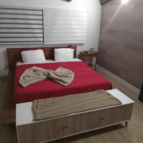 a bedroom with a bed with a red blanket and white pillows at Premier Hostle in Fort Lauderdale